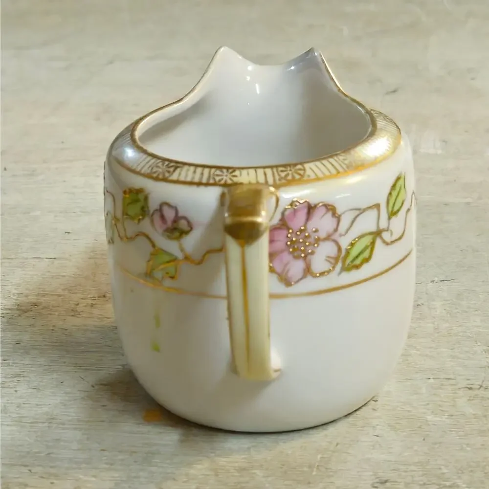 Antique Japanese Nippon Porcelain Cherry Blossom Creamer & Covered Sugar Bowl